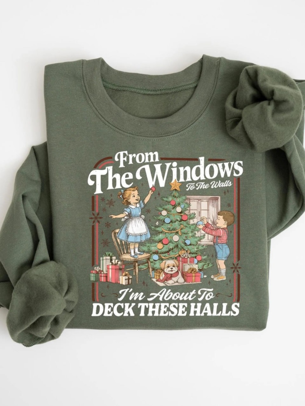 Olive Green Holiday Sweatshirt - 'Deck These Halls'